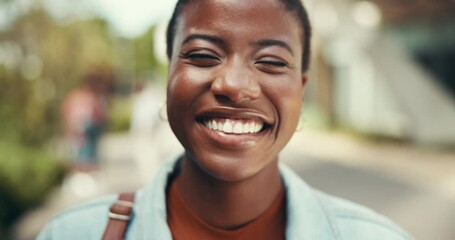 Black woman, face and outdoor campus for studying, happy and student proud of scholarship education. Female person, portrait and confidence at university for learning, morning and commute to class