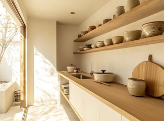 Bright and modern beige kitchen with white walls, featuring a wooden countertop and ceramic pots displayed on open shelves