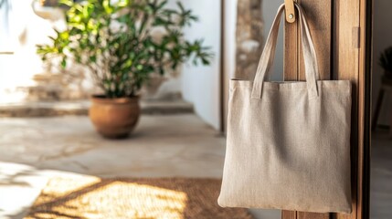 Minimalist Eco-Friendly Linen Tote Bag Hanging on a Hook