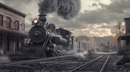 Naklejka premium Vintage steam train in old western town.