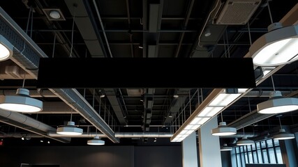 Obraz premium Contemporary coworking interior with banner hanging from ceiling, office, spacious