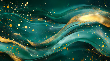 Abstract green background with golden bokeh lights and sparkles. Aureate. Illustration
