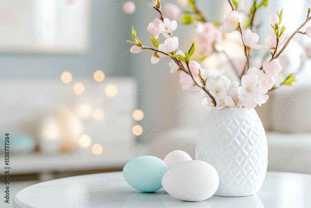 Poster a serene display of blooming branches and pastel eggs creates a calm and inviting atmosphere in soft