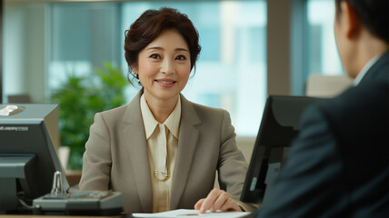 Fototapeta premium 優しい笑顔で説明をする受付女性