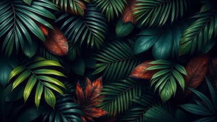 Dark pattern with exotic leaves reminiscent of a tropical jungle, vibrant, leaves, dark