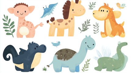 Fototapeta premium Adorable Cartoon Baby Dinosaurs & Giraffes - Nursery Clipart Set