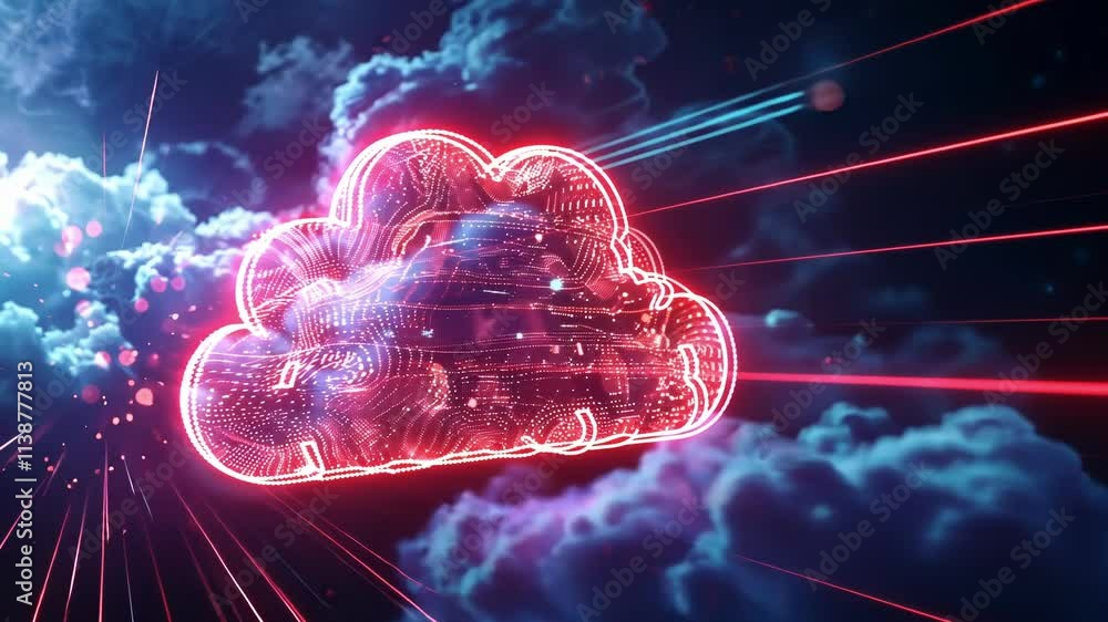 Poster futuristic cloud computing technology transferring data through cyberspace with glowing particles an
