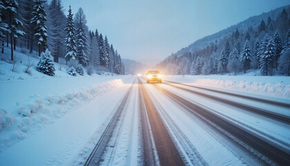 Car driving on snowy forest road with headlights in twilight.