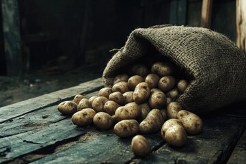 Obraz premium Sack of potatoes on wooden table