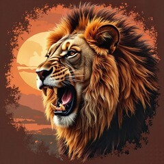 Fototapeta premium Roaring Lion Portrait with Sunset Background, Bold Wildlife Print for T-Shirt