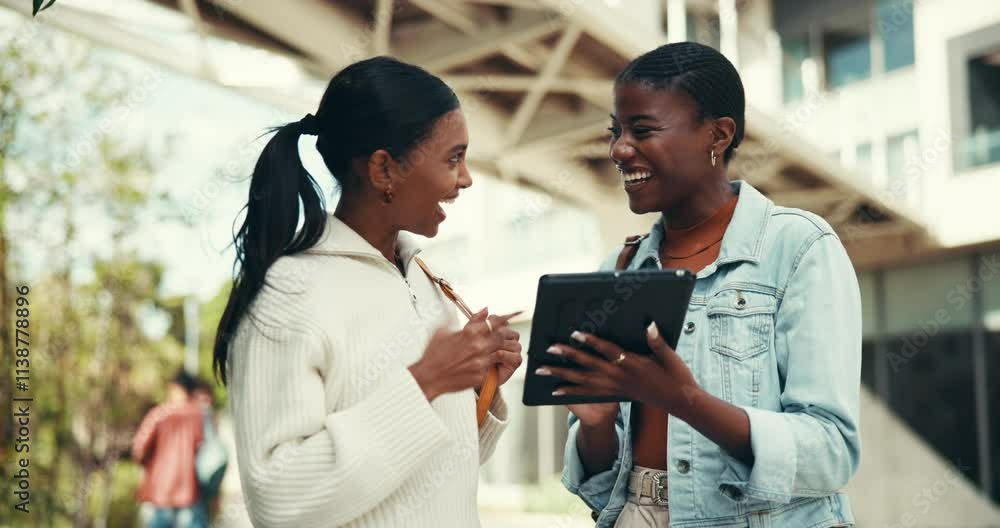 Poster outdoor, friends and women on tablet as university student with good news on exam and test result. p