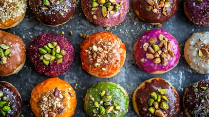 Array of assorted vegan donuts topped with pistachio, chocolate and assorted nuts, showcasing a variety of fillings and glazes