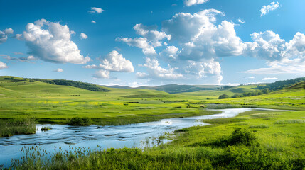 Serene Landscape with Rolling Hills, Vibrant Green Meadows, and Bright Blue Sky with Fluffy Clouds Reflecting in a Meandering River