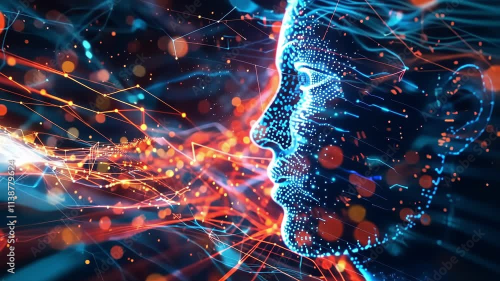 Poster human face made of particles and connected dots emerges from a stream of data made of colorful lines