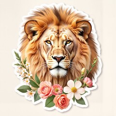 Watercolor Lion Portrait with Floral Accents, Artistic Wildlife Print