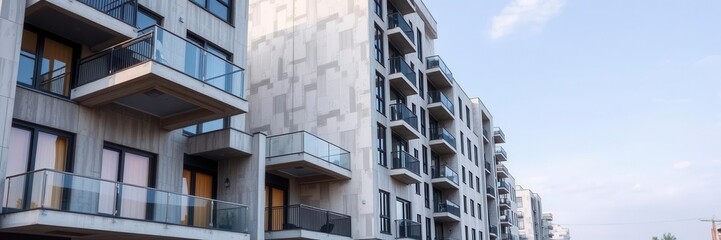 Modern apartment building with sleek, minimalist design and floor plans on a blueprint, cityscape, urban