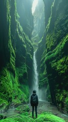 Obraz premium A person stands in a lush green canyon with a waterfall, surrounded by towering cliffs.