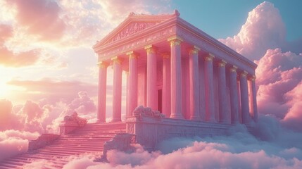 Pink temple floating on clouds at sunset.