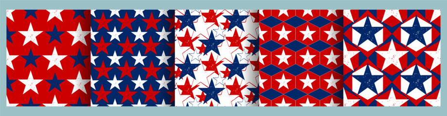 USA patriotic stars seamless pattern, red blue white american flag papercut white for wrapping paper, banner, background.