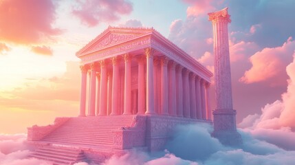 Obraz premium Pink temple on clouds at sunset.