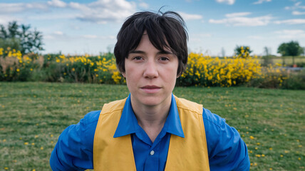 Naklejka premium Young Person in Blue Shirt and Yellow Vest