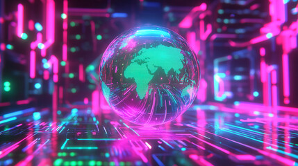 Digital globe reflecting vibrant neon lights in a futuristic tech environment showcasing interconnected data flows