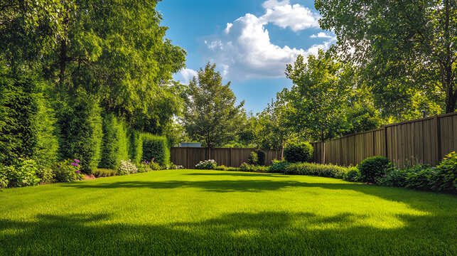 A spacious green backyard enclosed by trees.