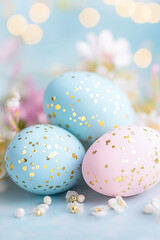 Fototapeta premium Delicate pastel eggs with golden accents sit among spring blooms, radiating joy in a cheerful, softly lit atmosphere