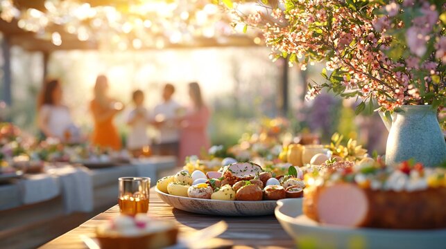 Easter Brunch in a Sunlit Garden with Friends and Spring Blossoms