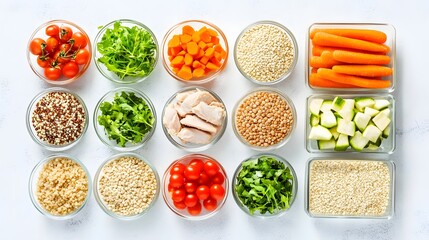 Naklejka premium Colorful overhead view of fresh meal prep ingredients arranged on a clean white surface