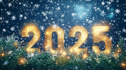 Happy New Year 2025 beautiful sparkling design of numbers on dark blue background with lights, pine branches and shining falling snow. Trendy modern winter banner, poster or greeting card template