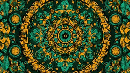 Intricate mandala art with teal and gold circular patterns.
