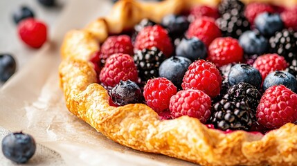   A pie with blueberries and raspberries on top sits on a table