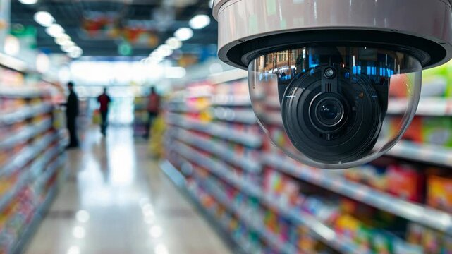 Close up of a supermarket security camera with a blurred grocery aisles in the background.