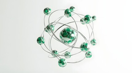 Metallic atom with vibrant green orbitals spinning in dynamic motion