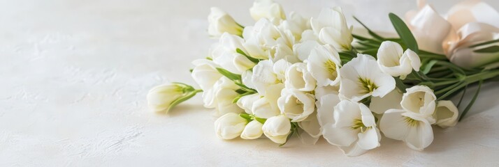 Elegant flower bouquet of freesias for birthday, wedding, and valentine's day celebration. Horizontal banner. Copy space. Mother Day. Womens Day. White flowers on a white background