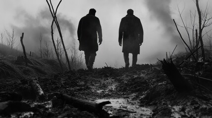 Two Men Walking Away in Desolate Post-Apocalyptic Landscape