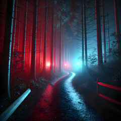 Dark Forest Path Illuminated by Police Lights
