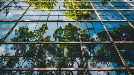 reflection of green trees on modern glass building representing esg values. generative ai