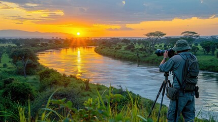 Obraz premium A photographer captures a sunset over a river in a lush landscape.