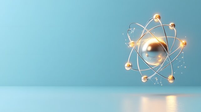 Realistic depiction of a metallic atom surrounded by orbiting electrons in a serene blue background