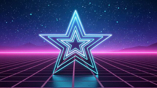 Neon Star Polyhedron A starshaped polyhedron bursts with radiant colors shifting hues between blue and violet as it rotates slowly set against a pixelated horizon that echoes the