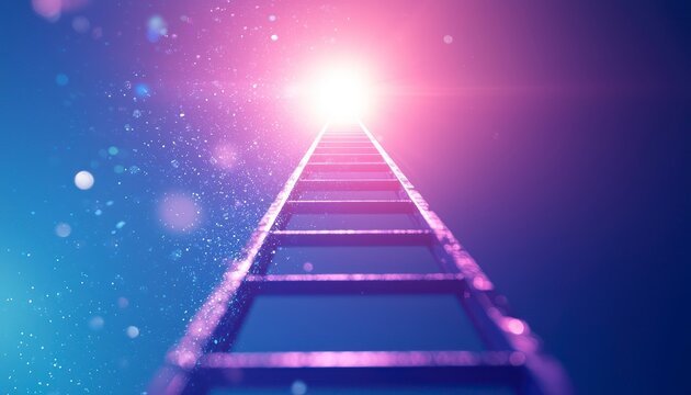 A glowing ladder reaching high above others, aiming for the ultimate business target--symbolizing innovation, creativity, and striving for exceptional success.