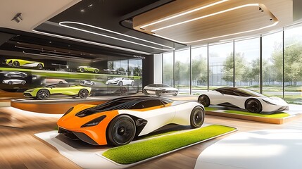 Modern Automotive Showroom with Sleek Cars Displayed and Bright Ambient Lighting