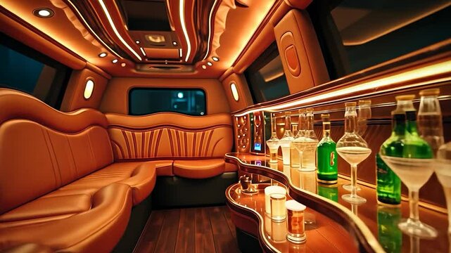 Luxurious Limousine Interior with Leather Seating and Illuminated Bar