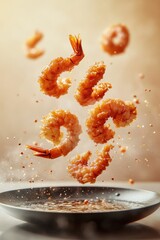 Golden, crispy shrimp hover above a dark frying pan filled with flavorful oil and spices. The warm kitchen ambiance highlights the rich texture and appetizing appearance of the dish