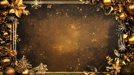 A warm gold christmas template framed with shimmering golden baubles, snowflakes, and ribbon, offering a luxurious feel for festive designs. Aureate. Illustration