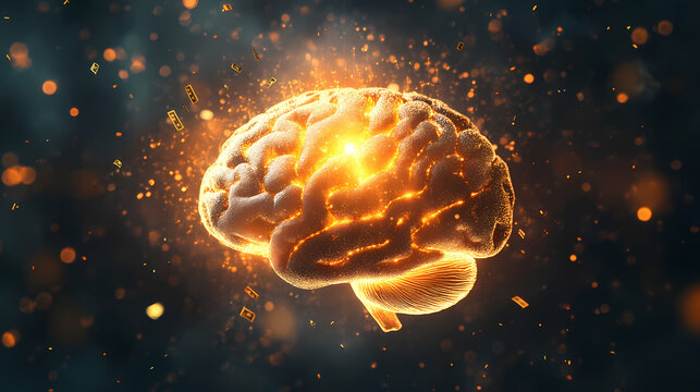 Abstract brain with golden light radiating from it, representing money mindset and wealth consciousness. Aureate. Illustration