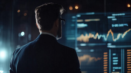 Fototapeta premium Business Leader Holding a Digital Projection of a Financial Chart, Illustrating Increased Interest Rates, Dividend Gains, and Growth in the Banking Sector