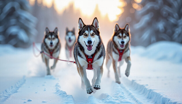 Energetic huskies pulling a sled through snow-covered terrain, showcasing teamwork and excitement
